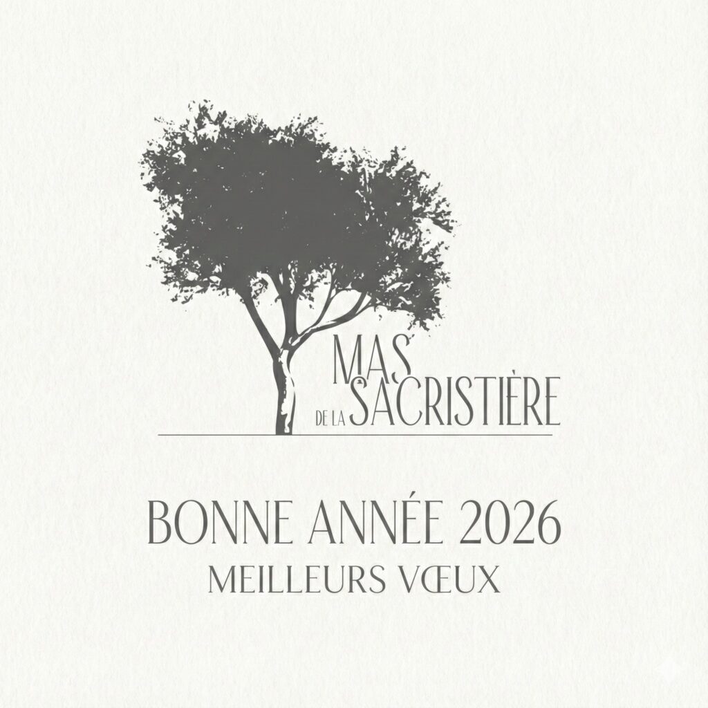 Illustration d'un arbre stylisé avec le logo Mas de la Sacristière et les vœux 'Bonne Année 2026, Meilleurs Vœux' sur un fond clair, évoquant la douceur provençale.